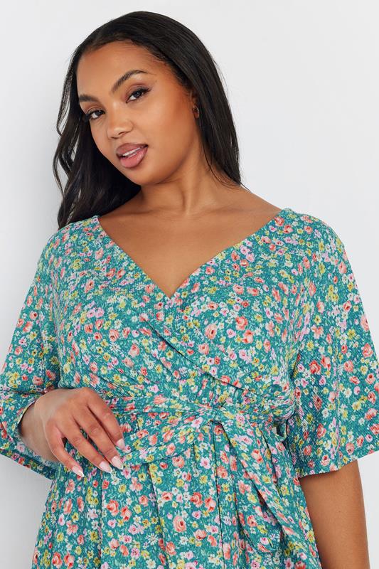 YOURS Plus Size Teal Blue Floral Wrap Textured Top | Yours Clothing 4