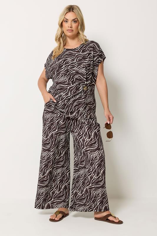 YOURS Curve Brown Zebra Crinkle Wide Leg Trousers