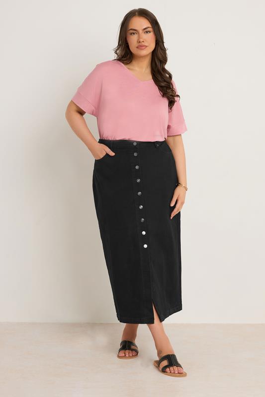 EVANS Plus Size Black Button Through Denim Maxi Skirt | Evans 1