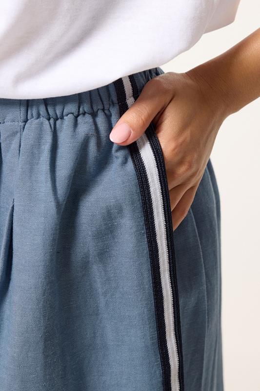 PxieGirl Petite Women's Blue Side Stripe Linen Wide Leg Trousers | PixieGirl 4