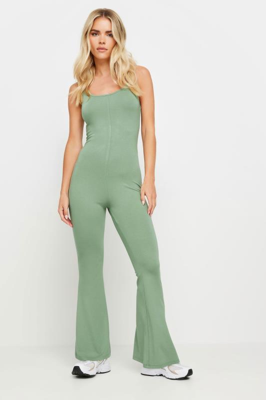 PixieGirl Petite Women's Khaki Green Jersey Flared Jumpsuit | PixieGirl 2