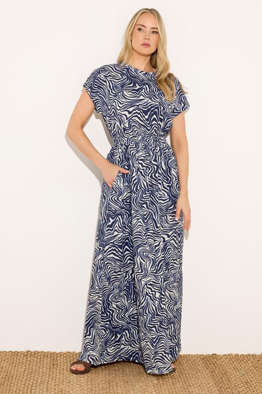 LTS Tall Women's Navy Blue Abstract Jersey Shirred Waist Cotton Maxi Dress | Long Tall Sally 1