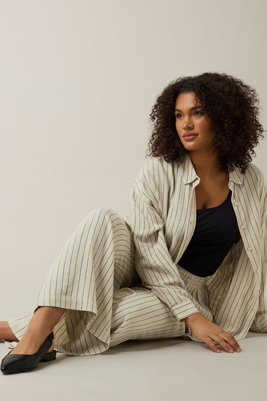EVANS Plus Size Natural Brown Stripe Print Premium Linen Trousers | Evans 5