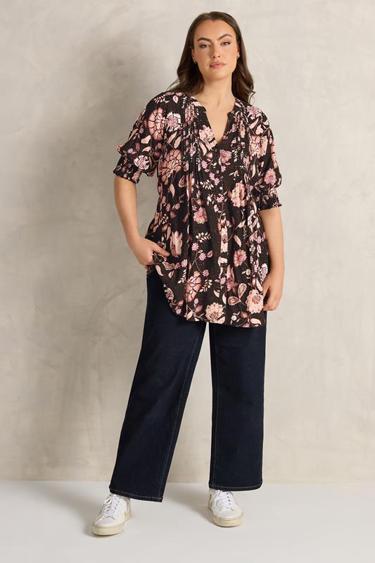 EVANS Plus Size Black Floral Pintuck Tie Neck Blouse | Evans 2