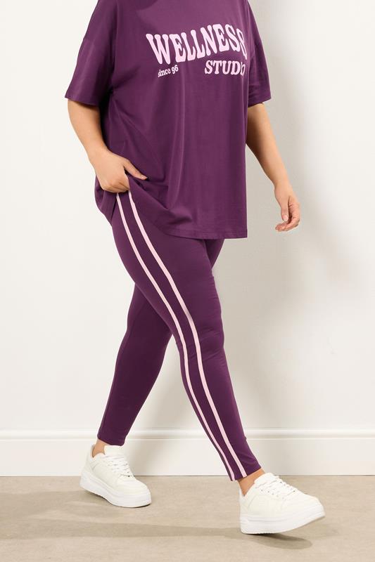YOURS ACTIVE Plus Size Burgundy Red Side Stripe Leggings | Yours Clothing 1