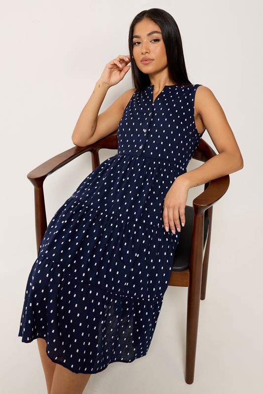 M&Co Petite Navy Blue Dobby Sleeveless Tiered Midi Dress | M&Co 2