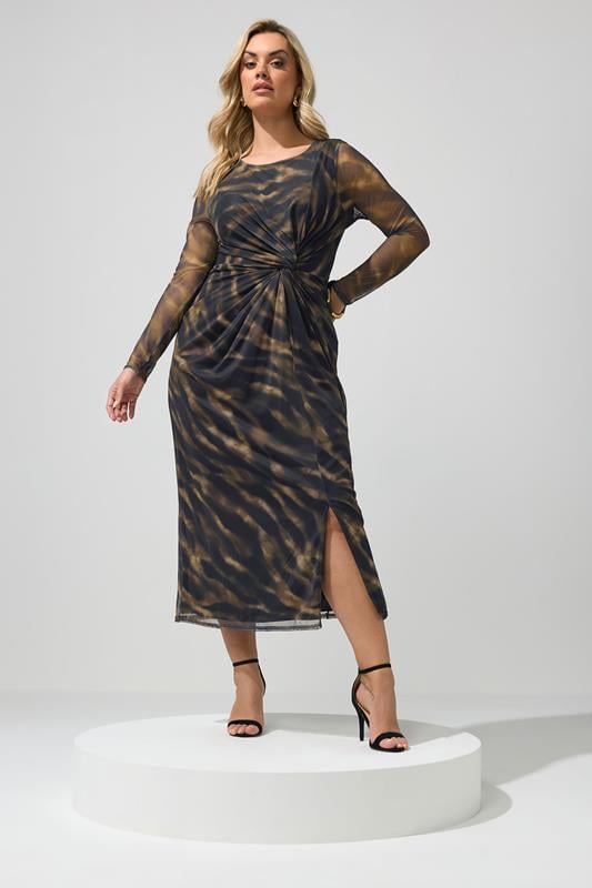 YOURS LONDON Curve Brown Zebra Mesh Side Knot Midi Dress