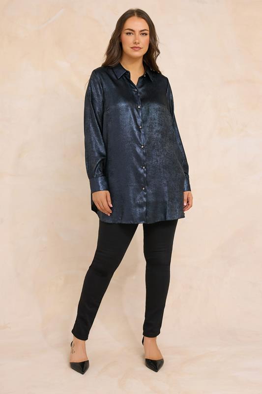 EVANS Plus Size Navy Blue Metallic Long Sleeve Shirt | Evans  1