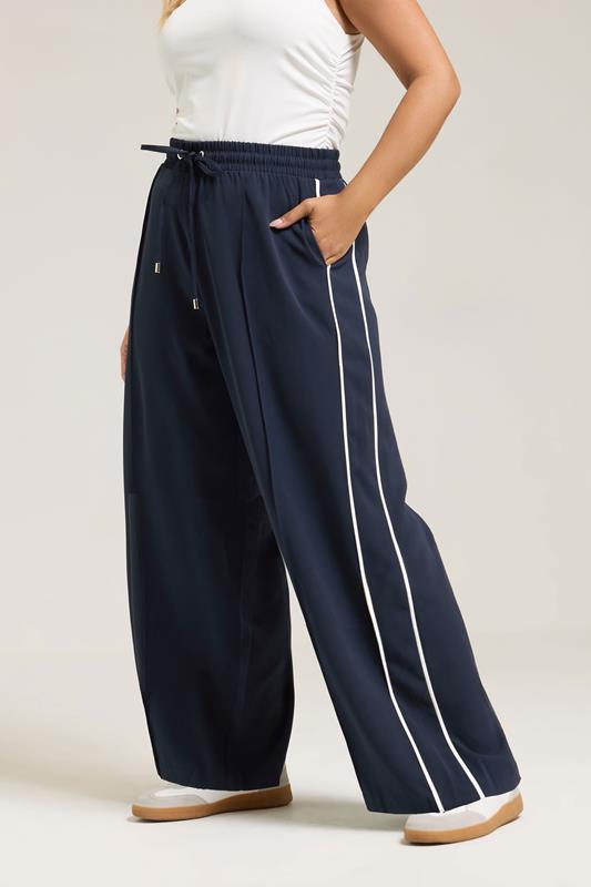 YOURS Plus Size Navy Blue Side Stripe Wide Leg Trousers | Yours Clothing 1