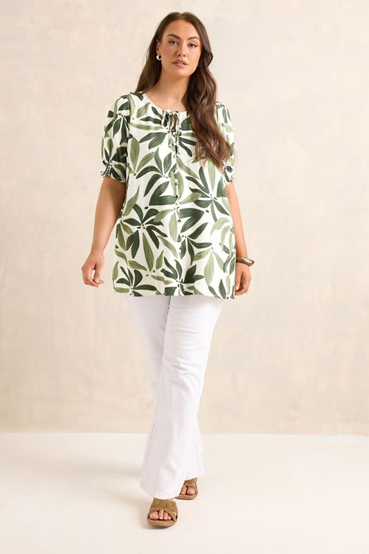 EVANS Plus Size Green Leaf Print Tie Neck Blouse | Evans 4