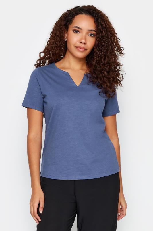 Women's  M&Co Blue Notch Neck Cotton T-Shirt