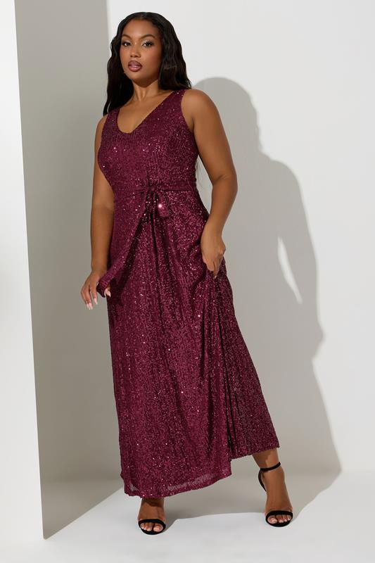 YOURS LONDON Plus Size Burgundy Red Sequin V-Neck Maxi Dress | Yours Clothing 1