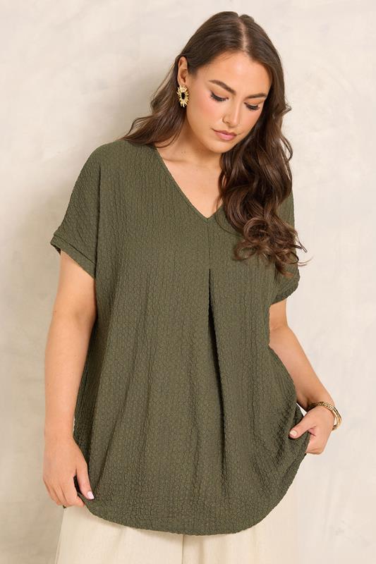 EVANS Plus Size Khaki Green Plisse Pleat Top | Evans 1