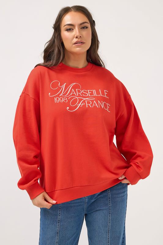 YOURS Plus Size Red Embroidered 'Marseille France' Sweatshirt | Yours Clothing 1