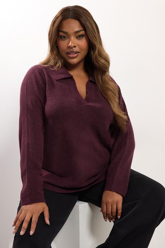 YOURS Plus Size Burgundy Red Collared Knitted Jumper | Yours Clothing 1