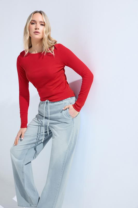 LTS Tall Women's Red Ribbed Boat Neck Top | Long Tall Sally 1