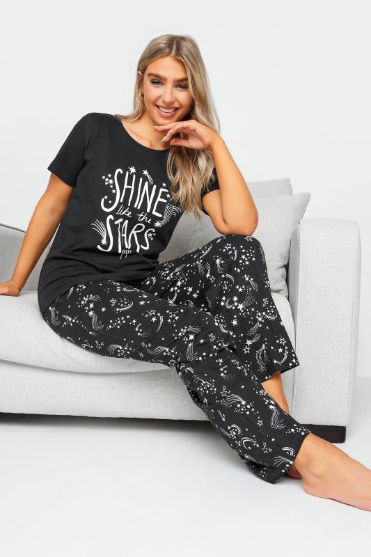 Women's  M&Co Black Cotton 'Shine Like the Stars' Slogan Pyjama Set