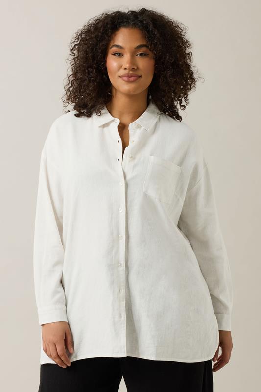 EVANS Plus Size White Long Sleeve Premium Linen Shirt | Evans 1