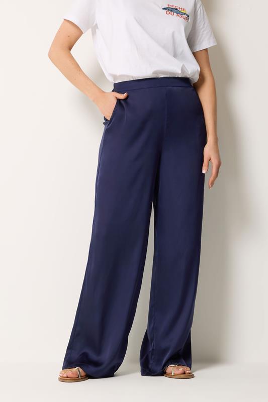 LTS Tall Women's Navy Blue Satin Wide Leg Trousers | Long Tall Sally 2