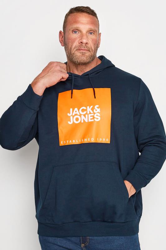 JACK & JONES Big & Tall Navy Blue & Orange Printed Logo Hoodie | BadRhino 1