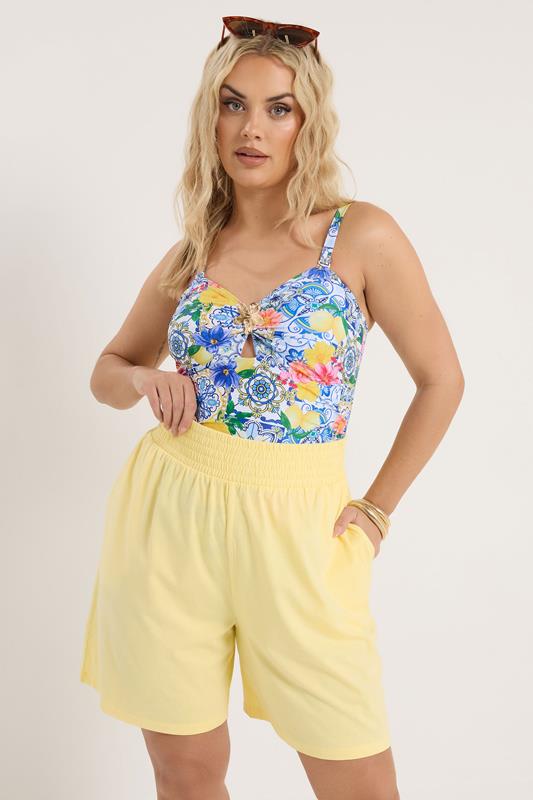 YOURS Plus Size Yellow Shirred Shorts | Yours Clothing 1