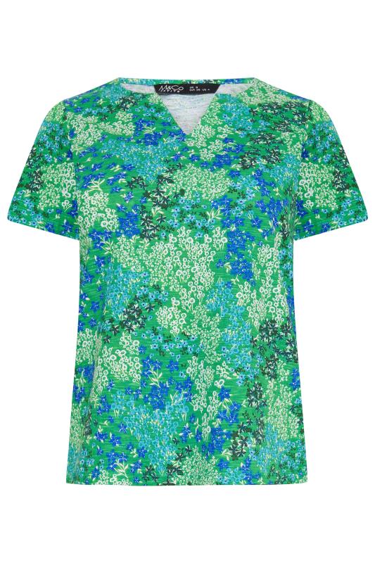 M&Co Petite Green Ditsy Floral Print Notch Neck Cotton T-Shirt | M&Co 2