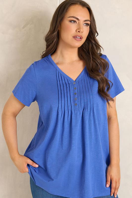 EVANS Curve Cobalt Blue Short Sleeve Cotton Henley Top