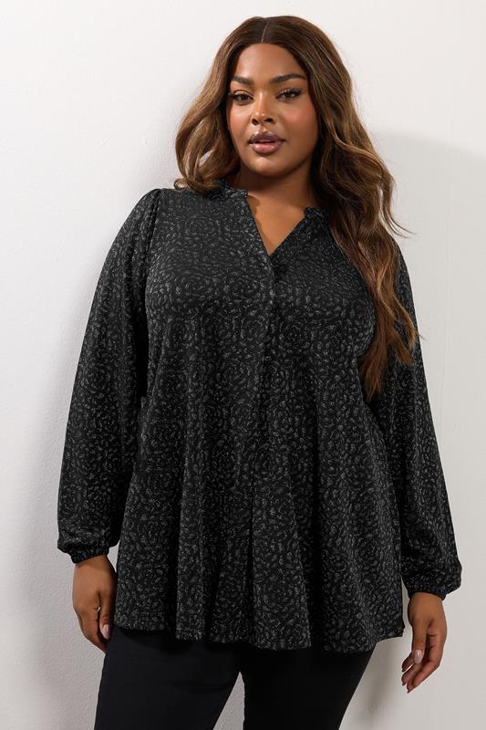 YOURS Curve Black Metallic Pleated Top