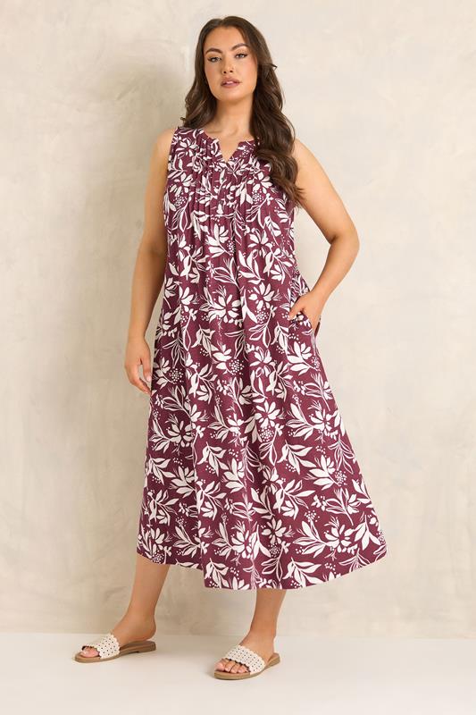 EVANS Curve Berry Red Leaf Print Cotton Dress