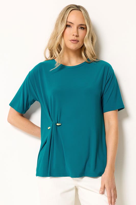 LTS Tall Women's Teal Blue Metal Detail Oversized T-Shirt | Long Tall Sally 1