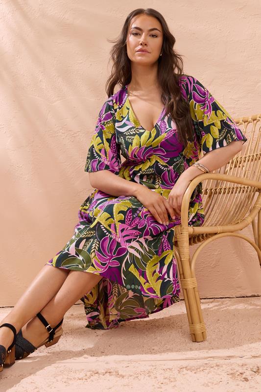 EVANS Plus Size Green Tropical Print Modal Midaxi Dress | Evans 1