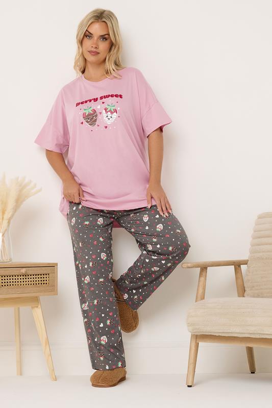 YOURS Plus Size Pink 'Berry Sweet' Wide Leg Pyjama Set | Yours Clothing 1