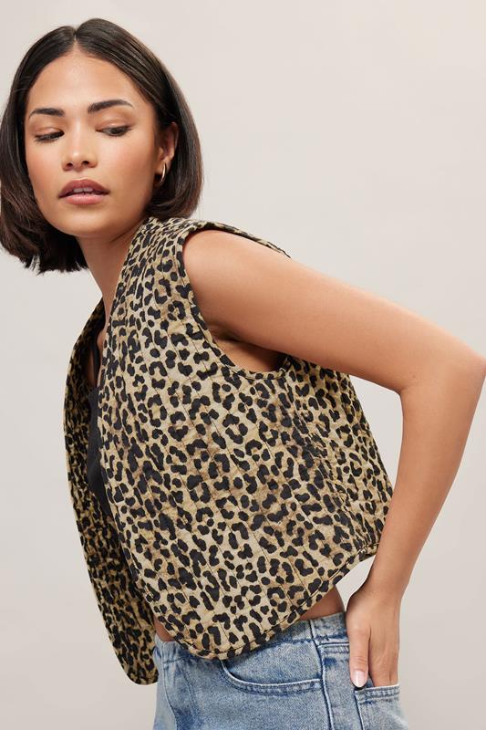 PixieGirl Petite Women's Beige Brown Leopard Print Cotton Quilted Waistcoat | PixieGirl 4