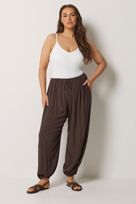 YOURS Curve Chocolate Brown Cuffed Balloon Trousers