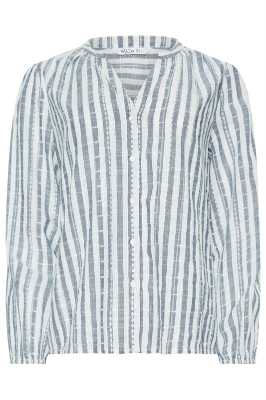 M&Co Blue & White Striped Collarless Embroidered Cotton Shirt | M&Co 5