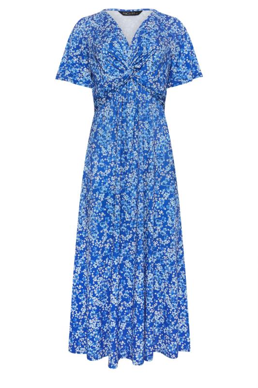 M&Co Blue Floral Print Twist Front Short Sleeve Dress | M&Co 5