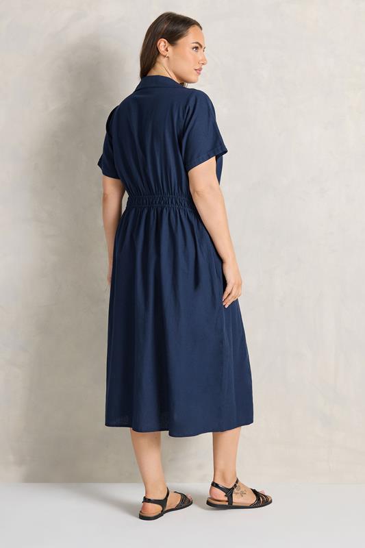 EVANS Plus Size Navy Blue Linen Shirred Waist Midi Dress | Evans 2