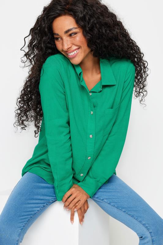 Women's  M&Co Petite Green Linen Long Sleeve Shirt