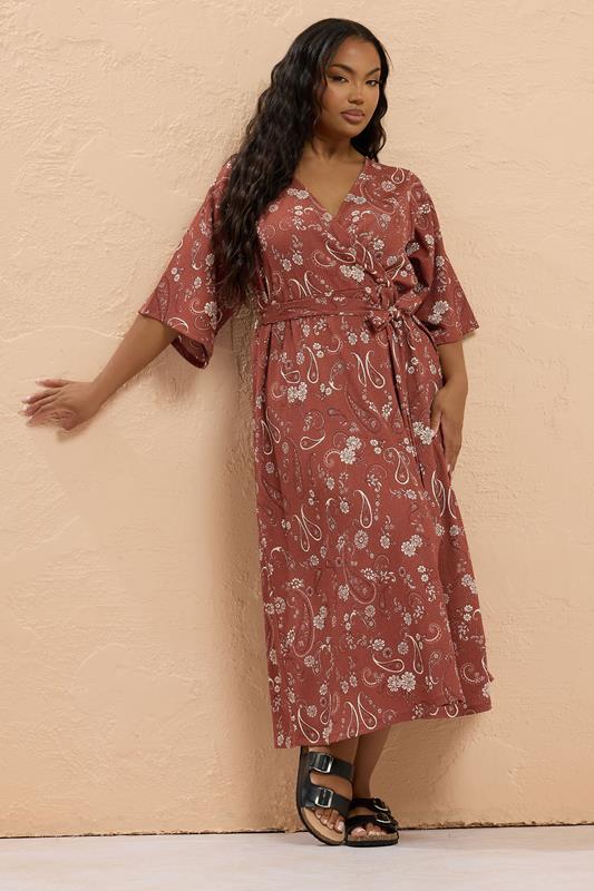 YOURS Plus Size Orange Paisley Kimono Sleeve Maxi Wrap Dress | Yours Clothing 1
