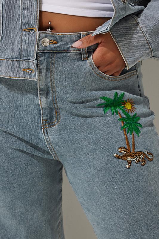 LIMITED COLLECTION Plus Size Blue Denim Palm Tree Embroidered Jeans | Yours Clothing 4