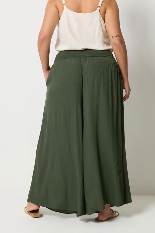 YOURS Plus Size Olive Green Shirred Trousers | Yours Clothing 2