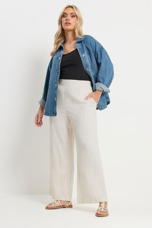 YOURS Curve Natural Brown Linen Wide Leg Trousers