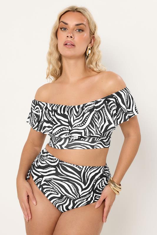 YOURS Plus Size Black Abstract Frill Bardot Bikini Top | Yours Clothing 2