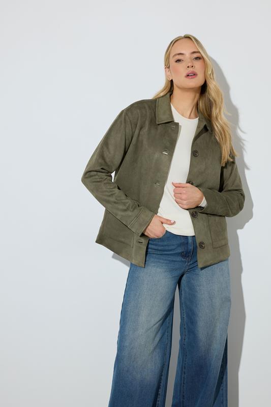 LTS Tall Women's Khaki Green Faux Suede Trucker Jacket | Long Tall Sally 1