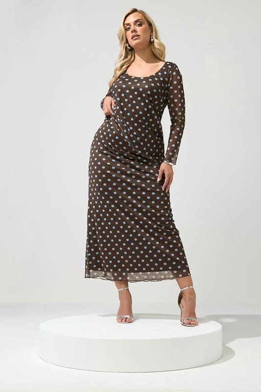 YOURS LONDON Plus Size Brown & Blue Polka Dot Long Sleeve Top | Yours Clothing 1