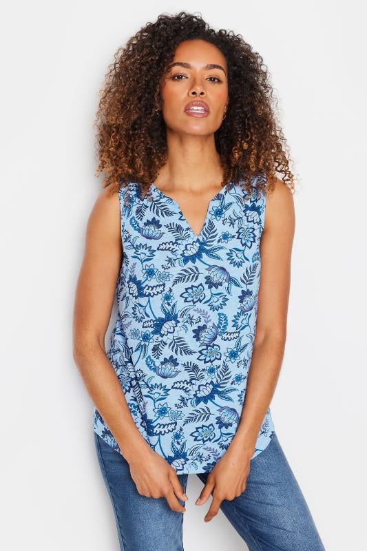 Women's  M&Co Blue Sarassa Print Sleeveless Notch Neck Cotton Vest Top