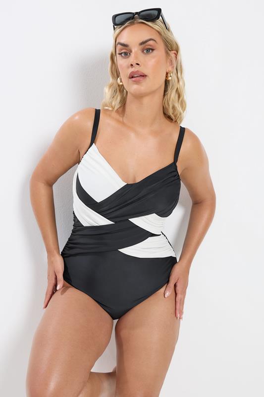 YOURS Plus Size Black & White Contrast Super Sculpt Swimsuit | Yours Clothing 4