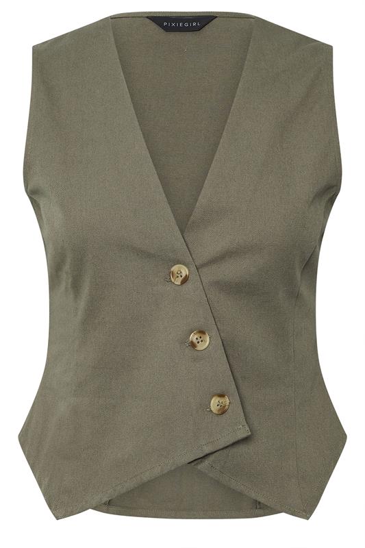 PixieGirl Petite Women's Khaki Green Asymmetric Button Cotton Waistcoat | PixieGirl 7