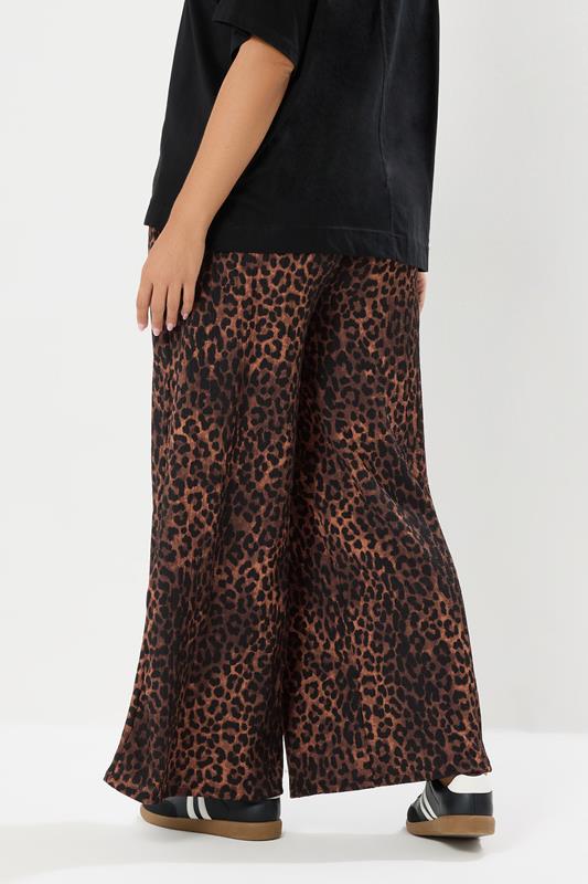 YOURS Plus Size Brown Leopard Print Crinkle Wide Leg Trousers | Yours Clothing 4