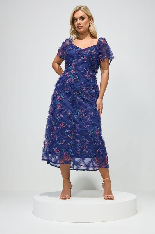 YOURS LONDON Plus Size Navy Blue Floral Chevron Ruffle Dress | Yours Clothing 2